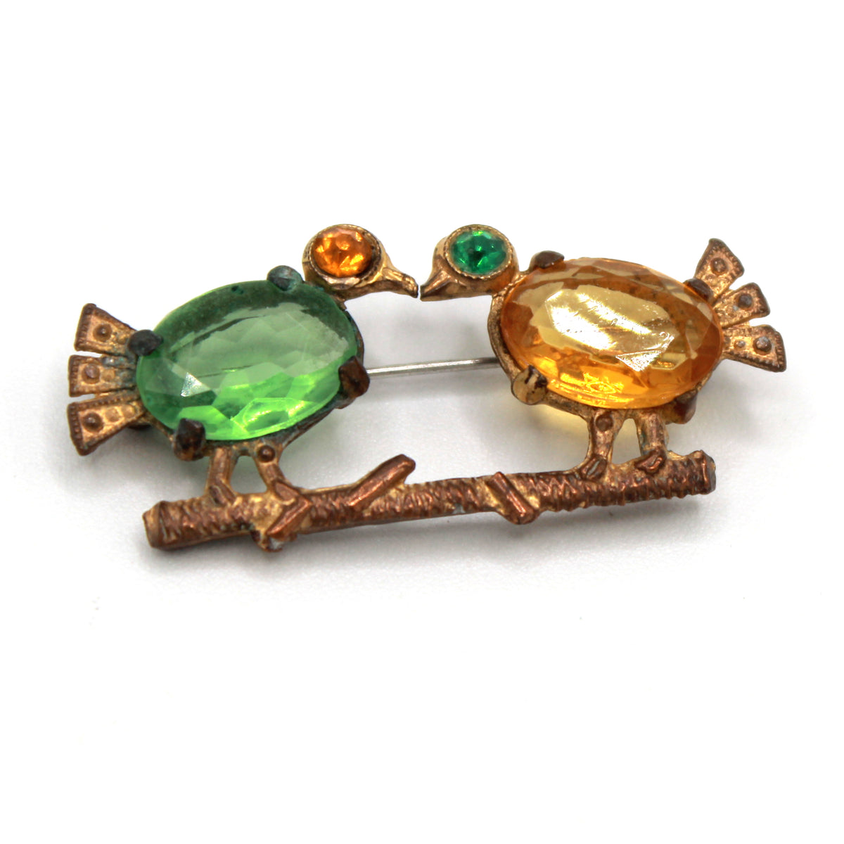Vintage Green Amber Rhinestone Two Birds on Branch Brooch