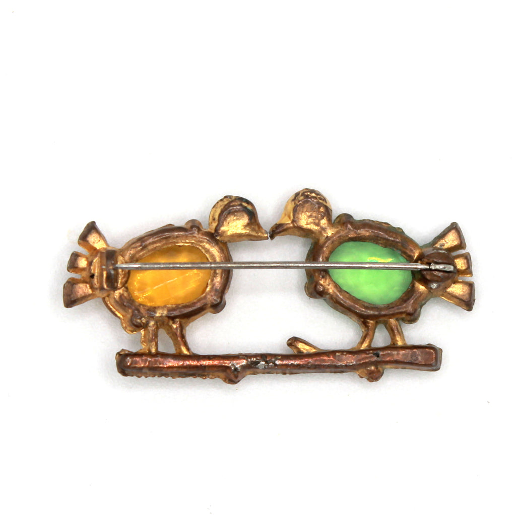 Vintage Green Amber Rhinestone Two Birds on Branch Brooch