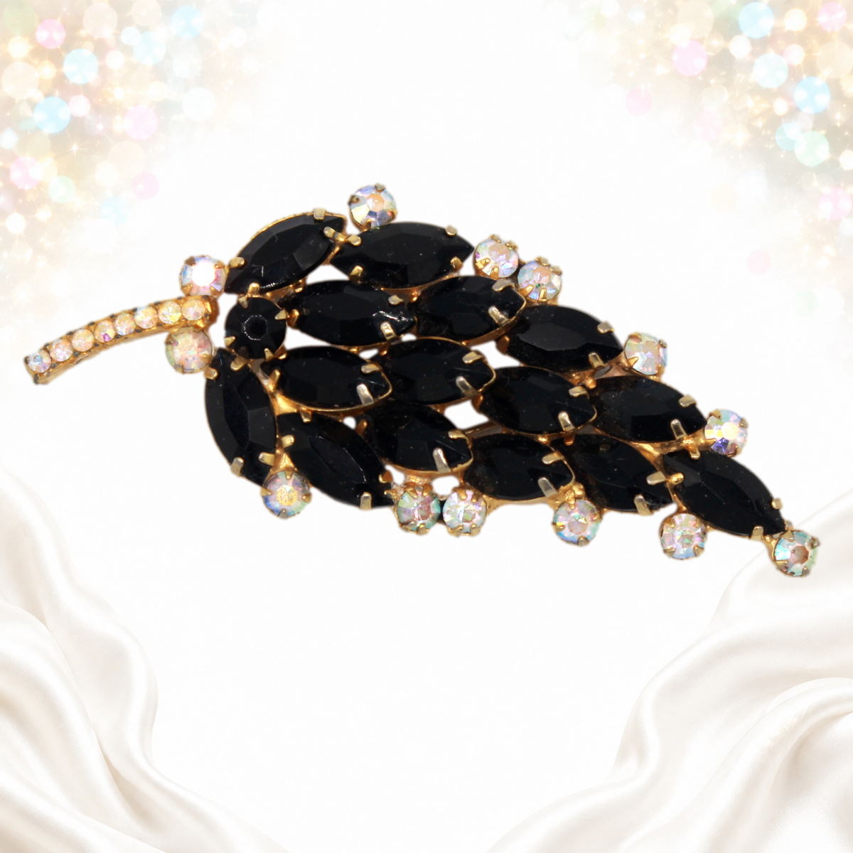 Vintage Juliana Black Rhinestone AB Leaf Brooch IIJJ#5256