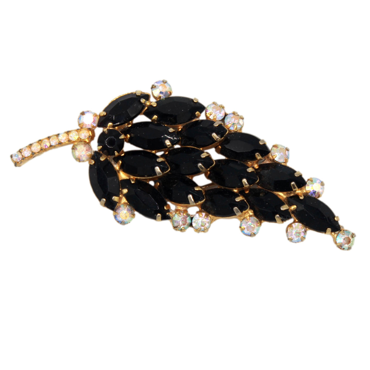Vintage Juliana Black Rhinestone AB Leaf Brooch IIJJ#5256