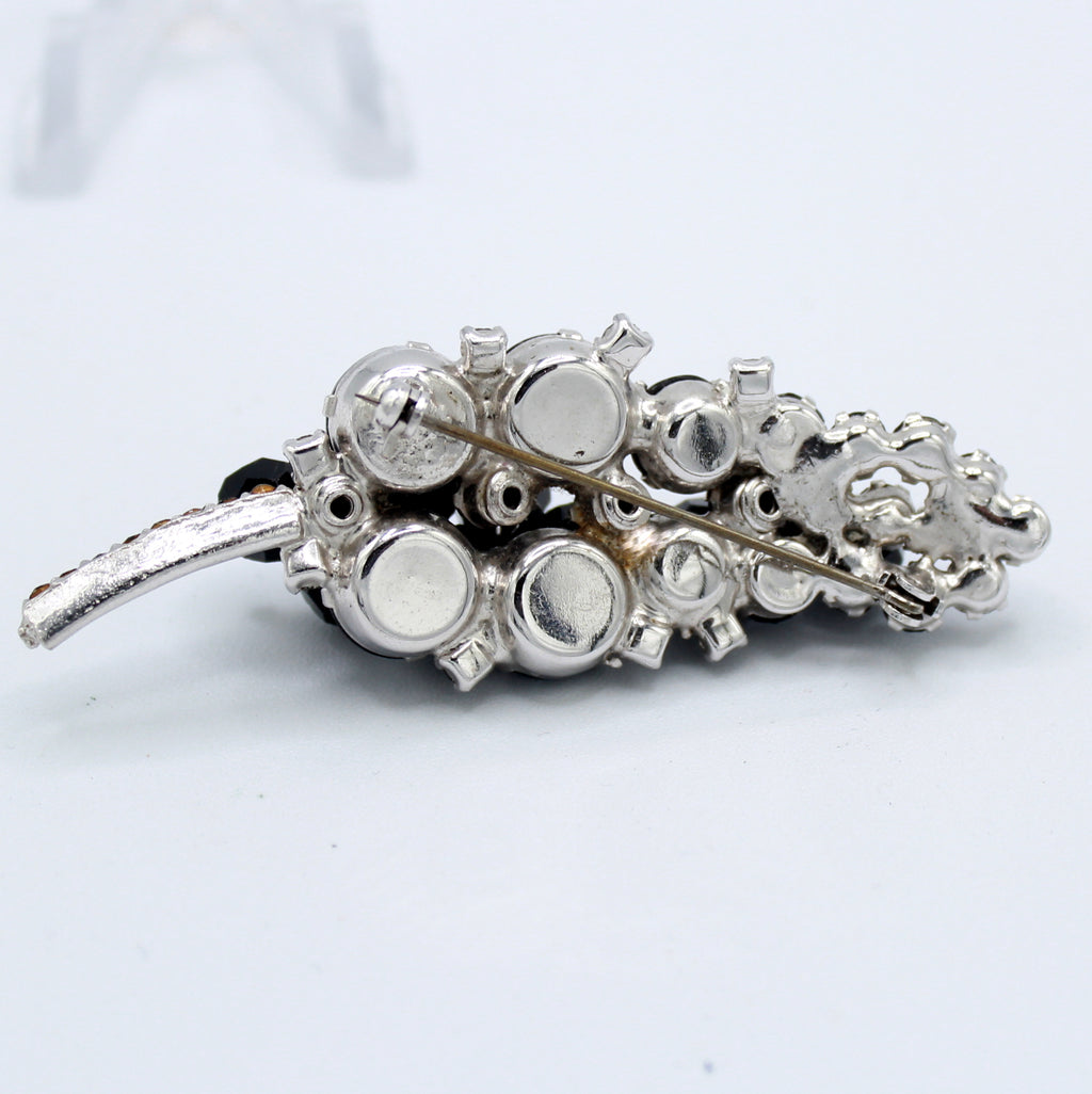 Vintage JULIANA Black Rhinestone Cha-Cha Crystal Bead Leaf Brooch Book IIJJ#8857