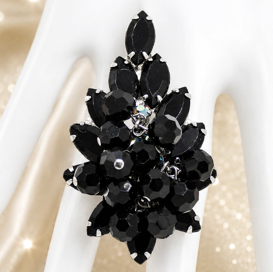 Vintage Juliana Black Beaded Rhinestone Cha Cha Brooch Pendant IIJJ #9257