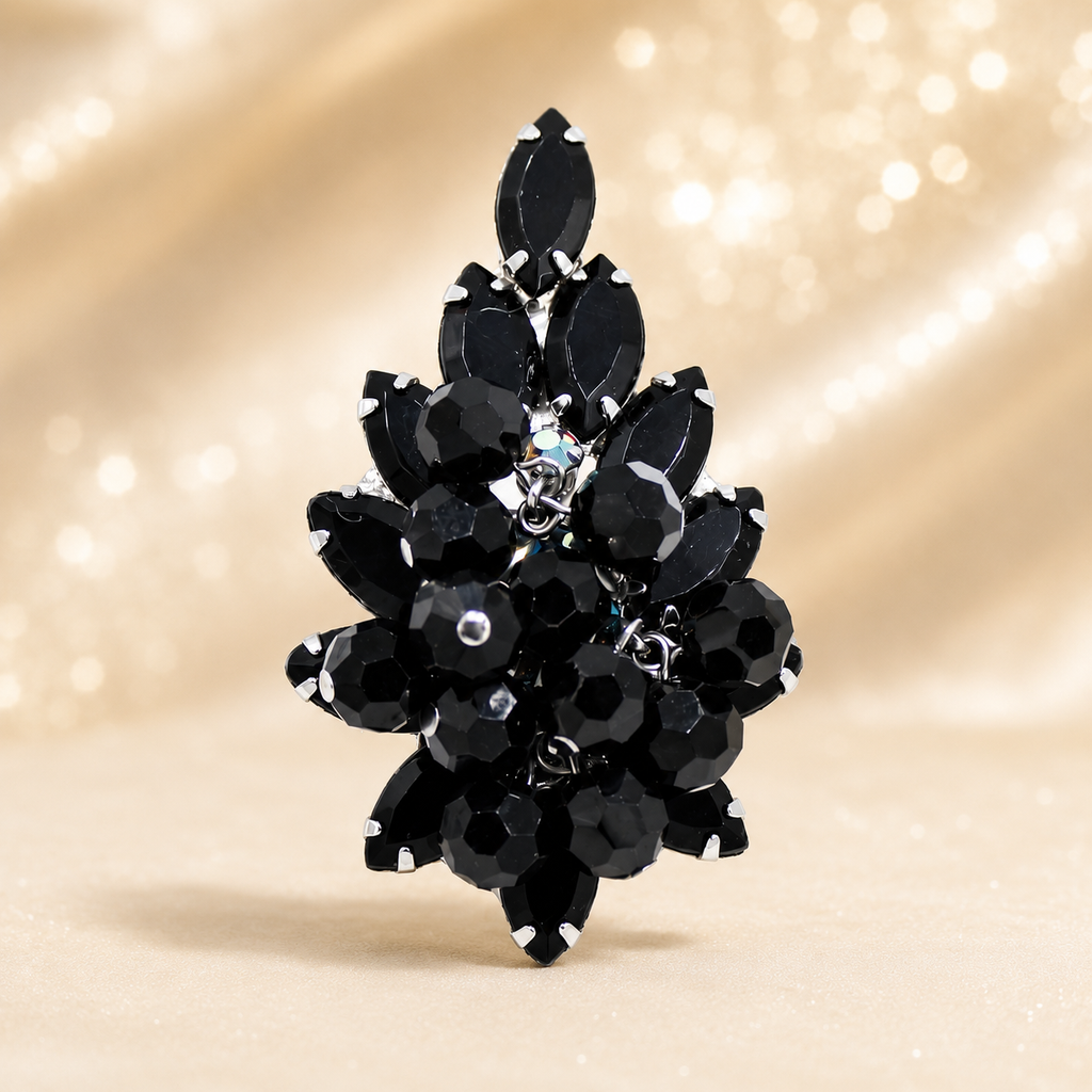 Vintage Juliana Black Beaded Rhinestone Cha Cha Brooch Pendant IIJJ #9257