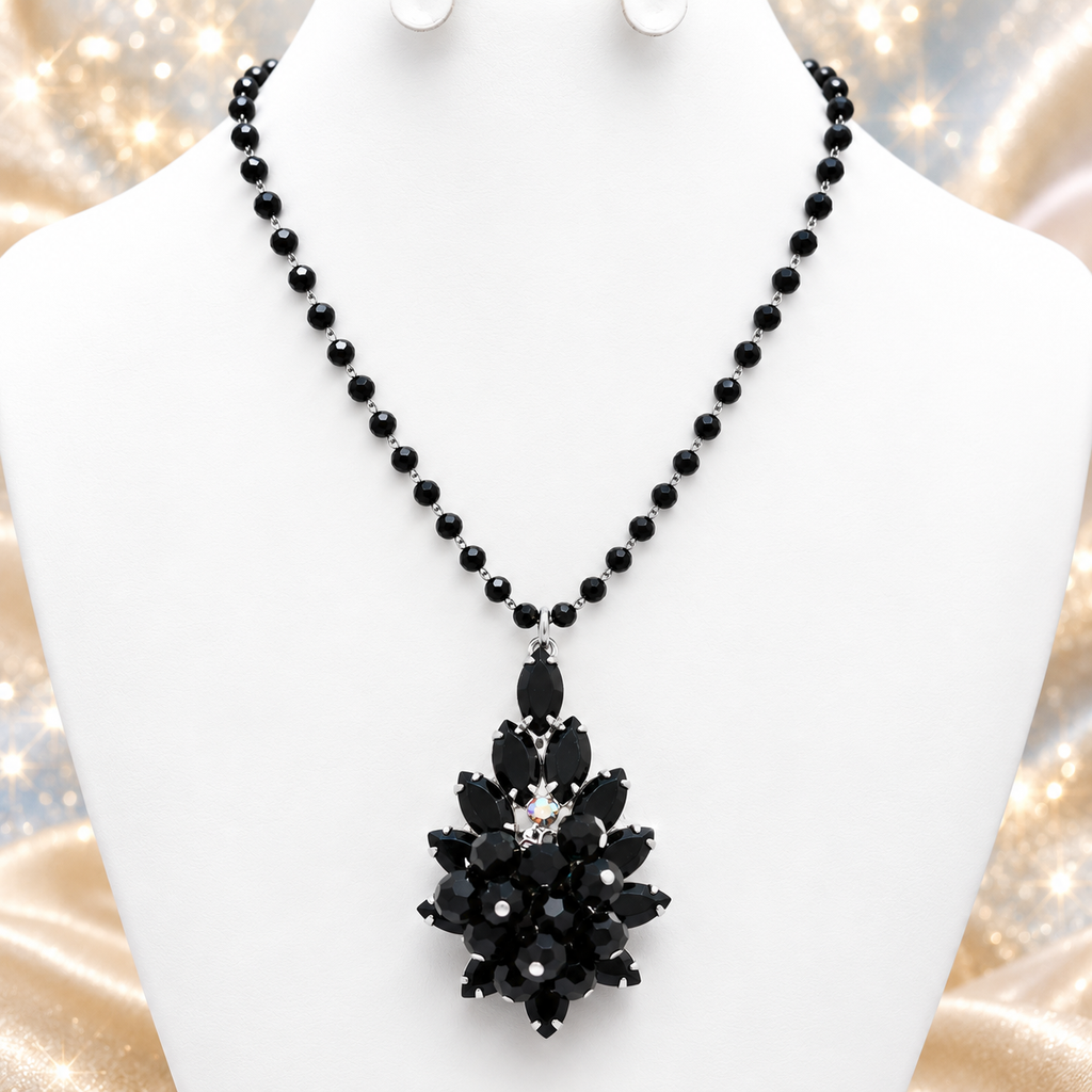 Vintage Juliana Black Beaded Rhinestone Cha Cha Brooch Pendant IIJJ #9257