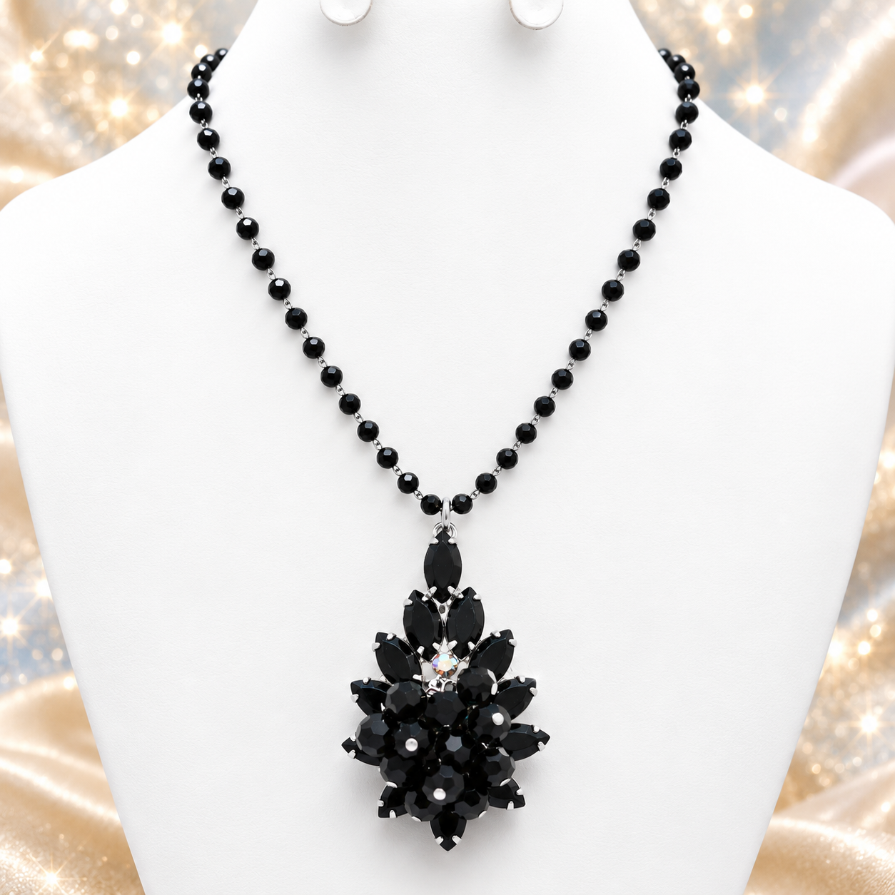 Vintage Juliana Black Beaded Rhinestone Cha Cha Brooch Pendant IIJJ #9257