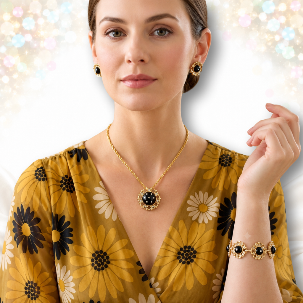 Vintage DAISY BLACK CABOCHON CLEAR Rhinestone Necklace Bracelet Earrings Set