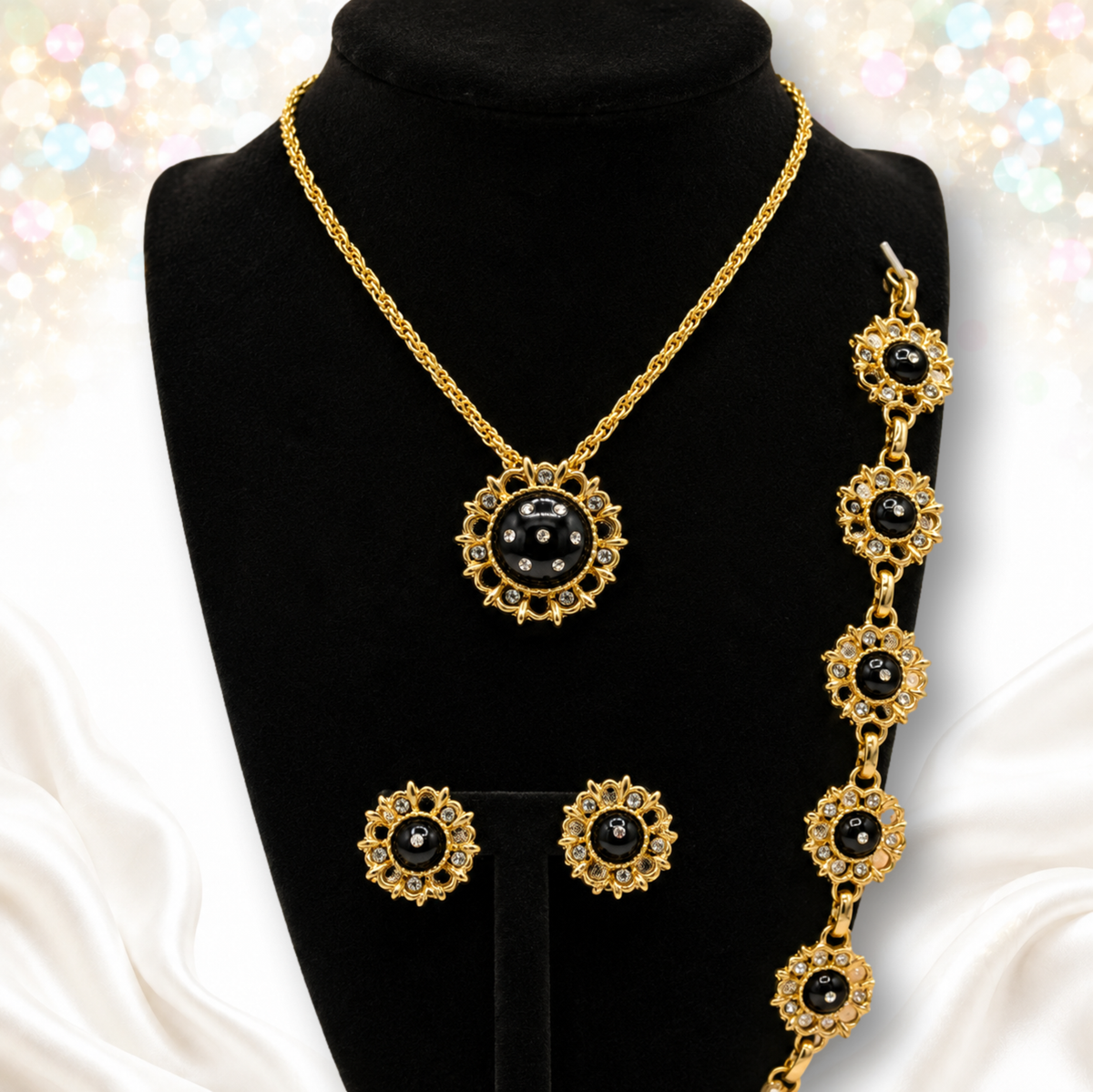 Vintage DAISY BLACK CABOCHON CLEAR Rhinestone Necklace Bracelet Earrings Set