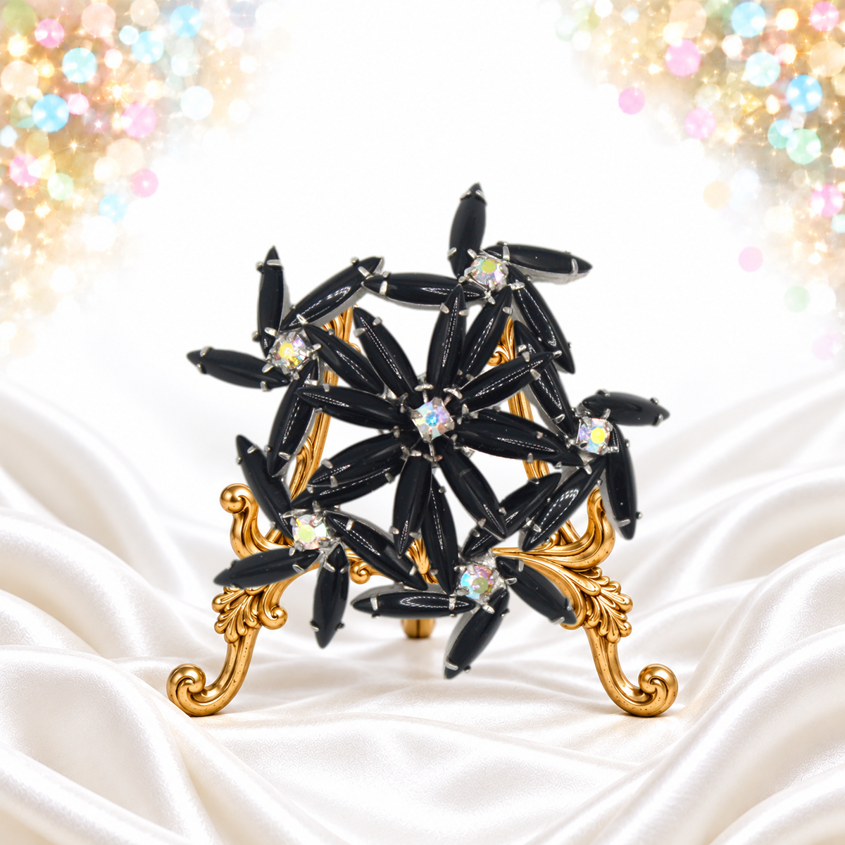 Vintage Juliana Black Cabochon Rhinestone Daisy Figural Flower Brooch IIJJ#9640
