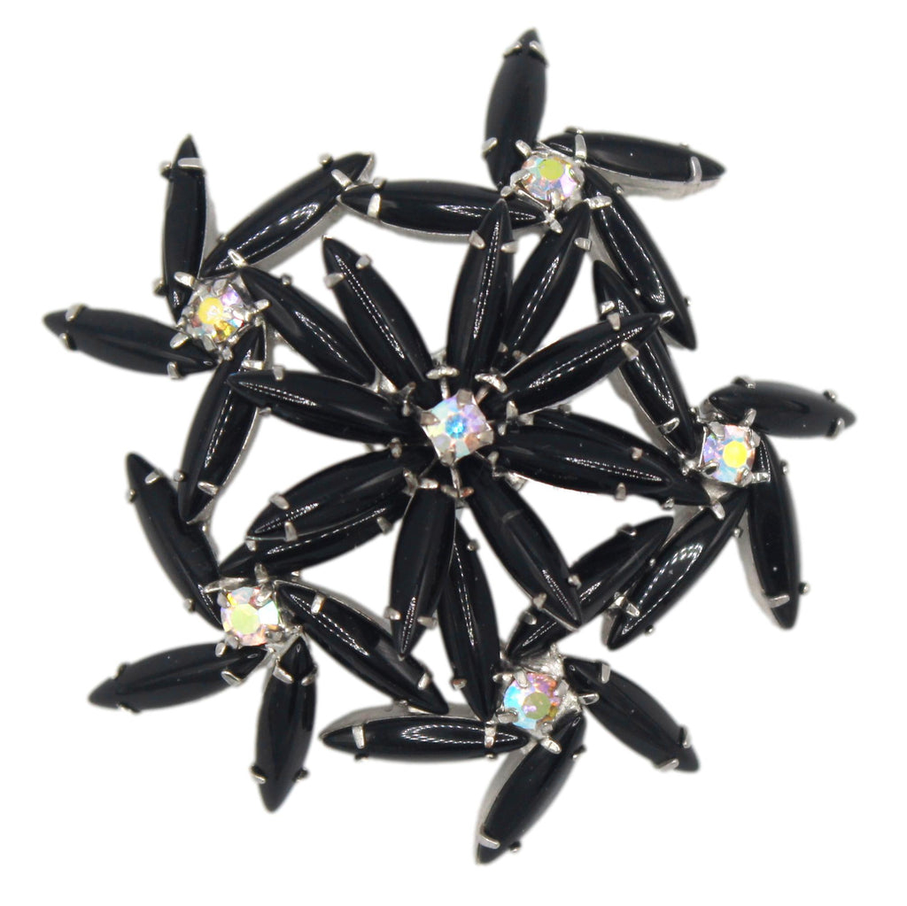 Vintage Juliana Black Cabochon Rhinestone Daisy Figural Flower Brooch IIJJ#9640
