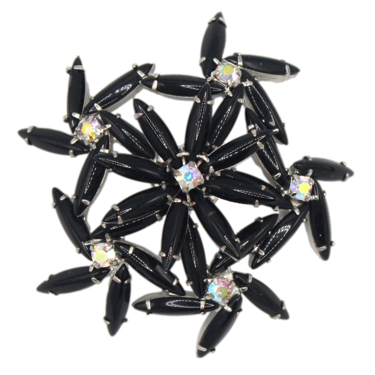 Vintage Juliana Black Cabochon Rhinestone Daisy Figural Flower Brooch IIJJ#9640