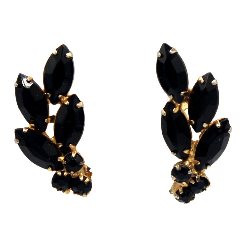 Vintage JULIANA Black Rhinestone Ear Climber Clip Earrings IIJJ#8824