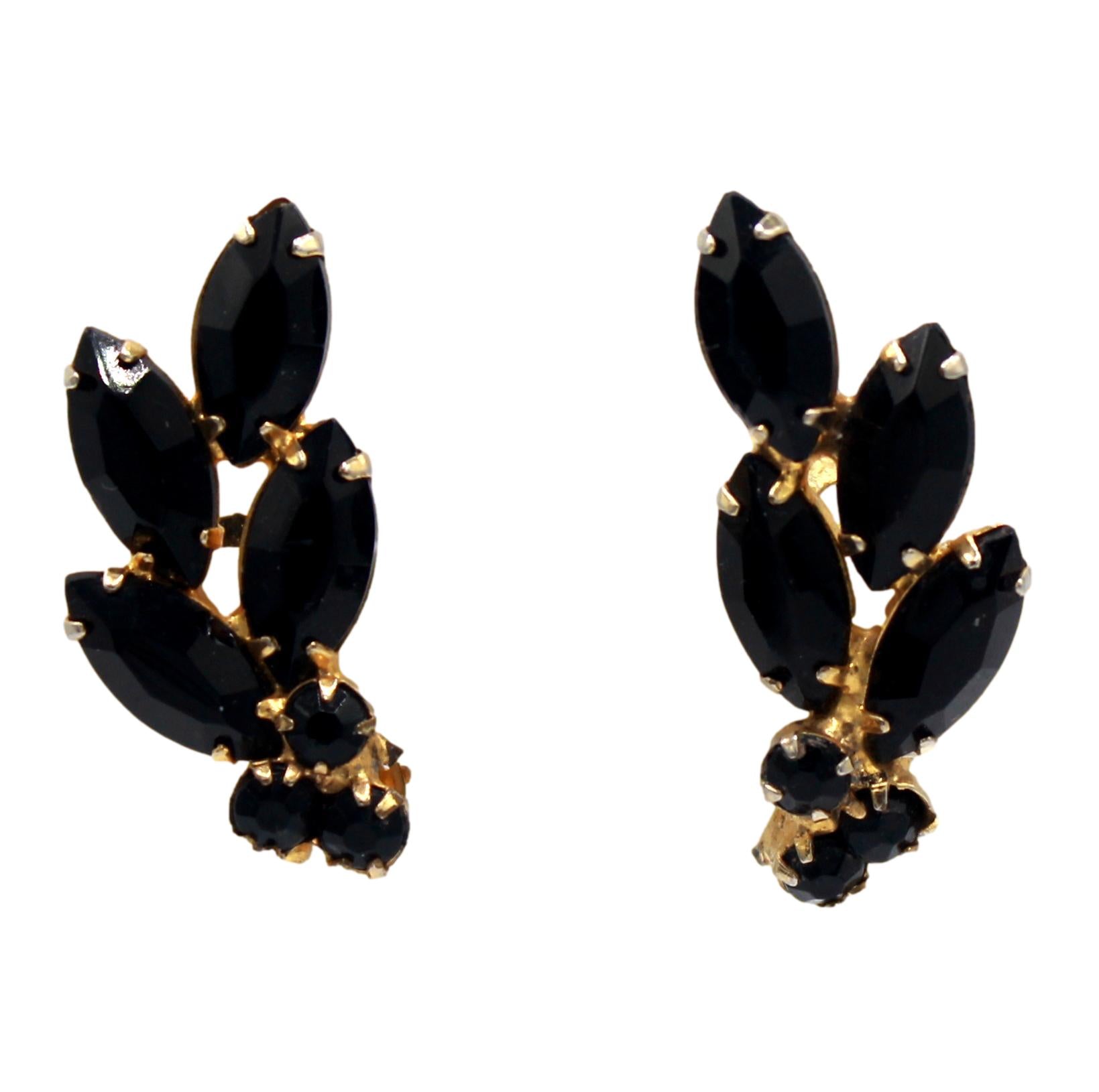 Vintage JULIANA Black Rhinestone Ear Climber Clip Earrings IIJJ#8824