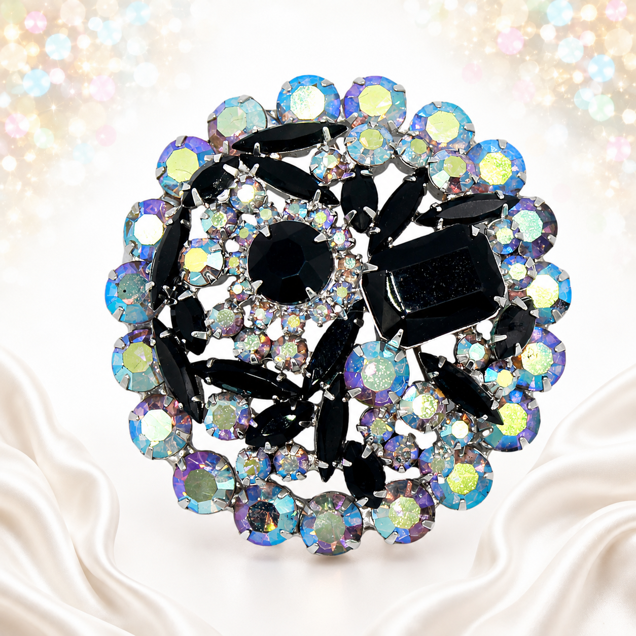 Vintage Juliana Black AB Rhinestone Brooch Book Piece IIJJ#5374
