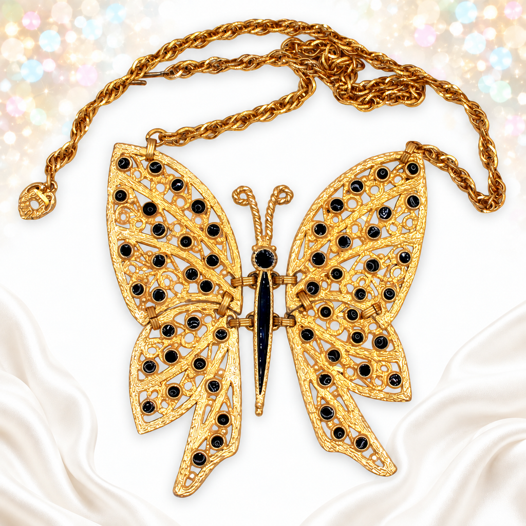 Vintage Juliana Design Articulated Black Enamel Dot Swallowtail Butterfly Figural Pendant Necklace IIJJ#9455