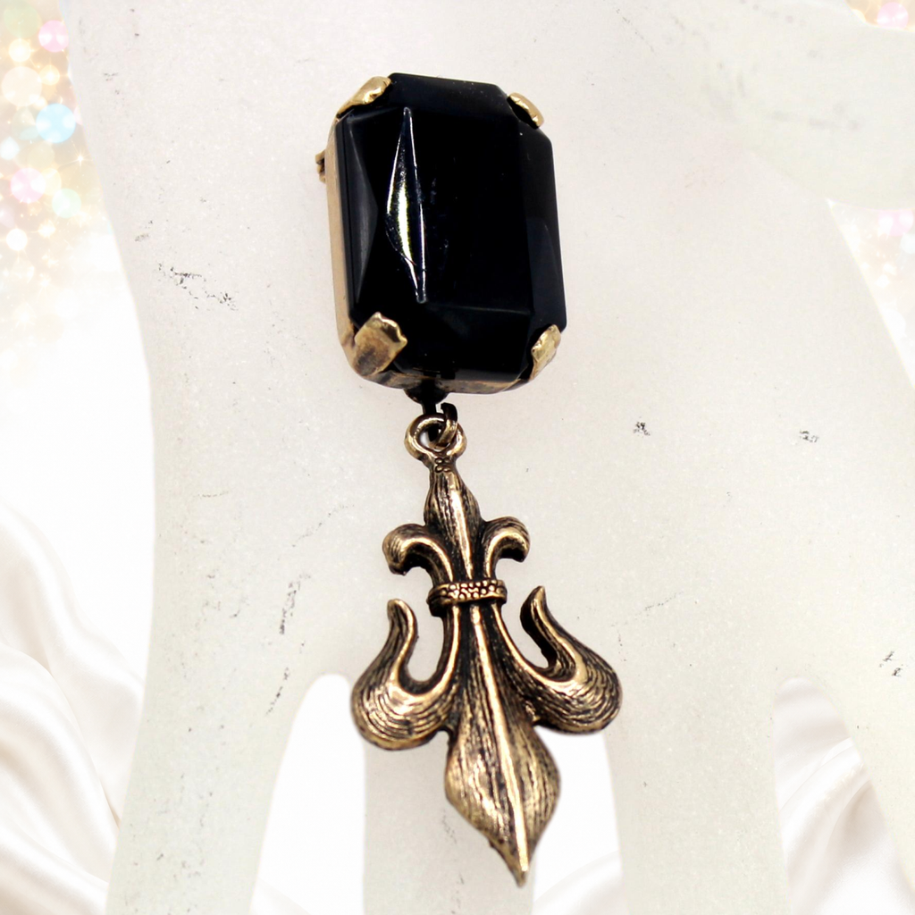 Vintage Juliana New Find Black Rhinestone Fleur de Lis Dangle Brooch IIJJ#9107