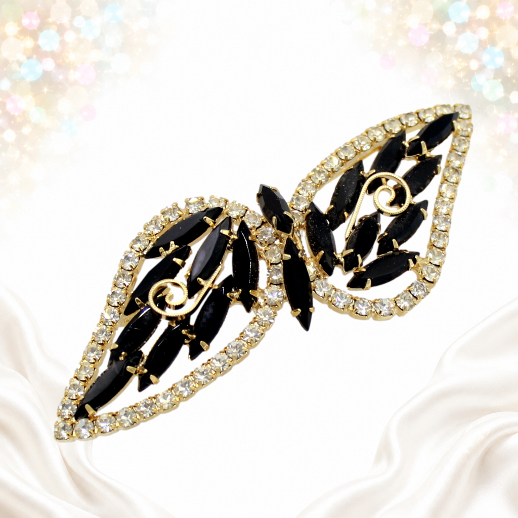 Vintage Juliana Black Rhinestone Bow Brooch Gold Tone IIJJ #7512