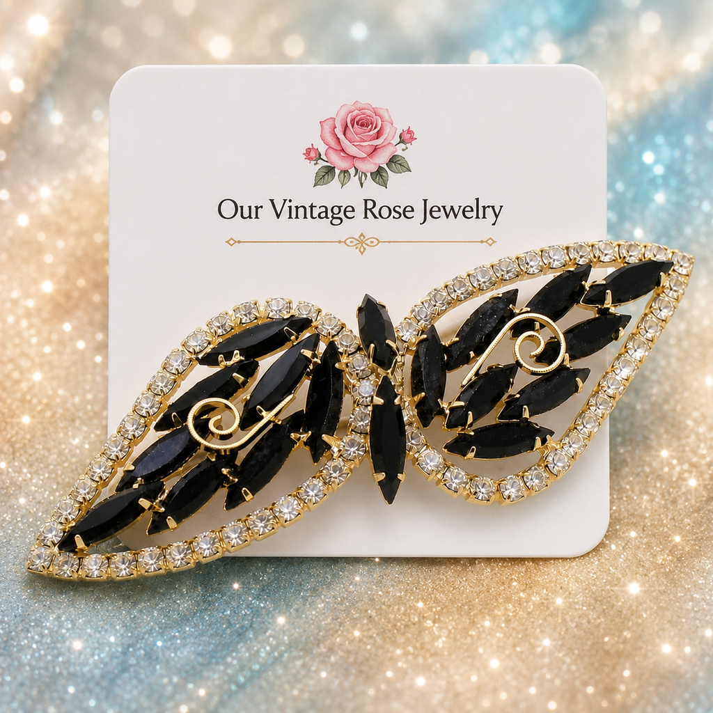 Vintage Juliana Black Rhinestone Bow Brooch Gold Tone IIJJ #7512