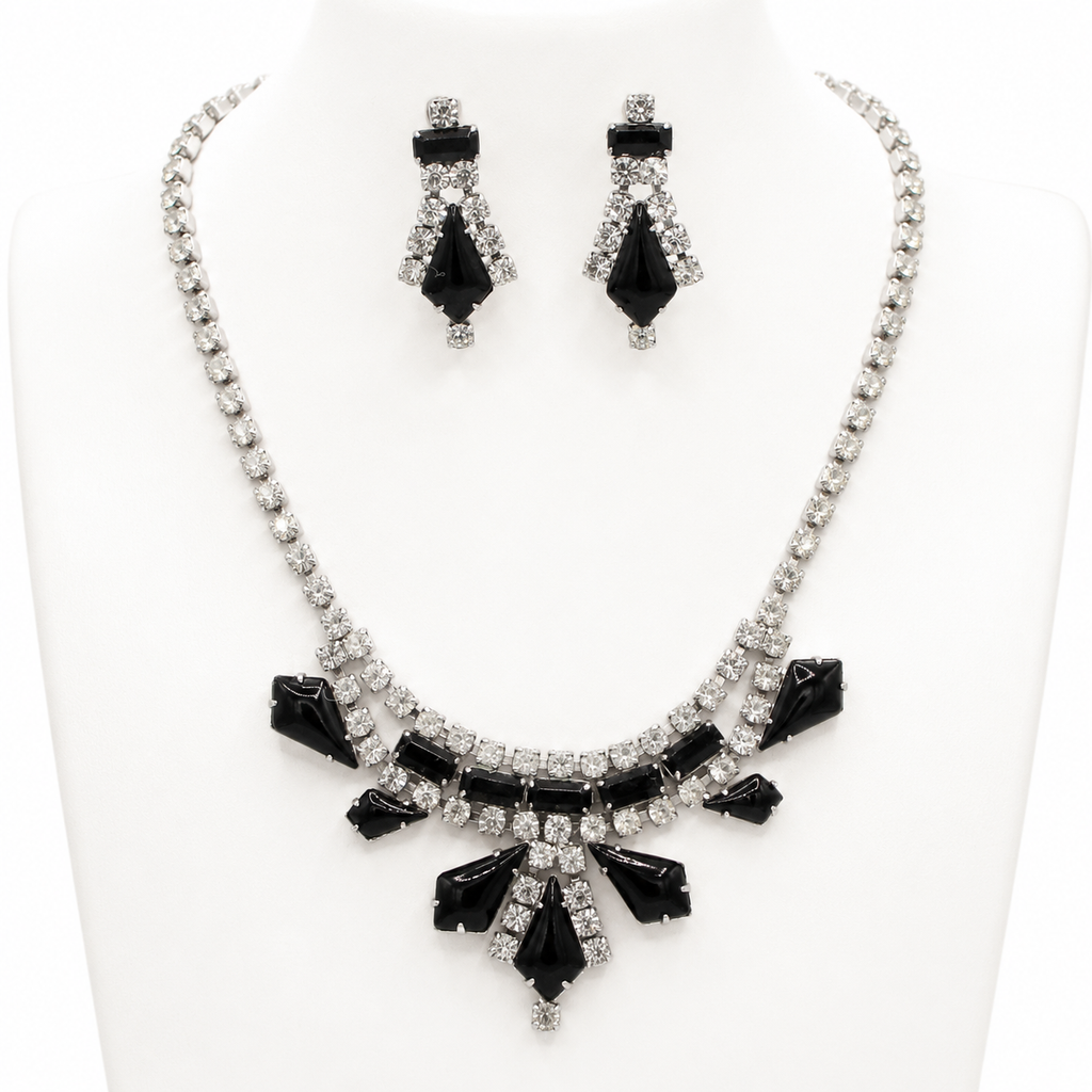 Vintage Juliana Black Kite Rhinestone Necklace Earrings Demi Parure IIJJ#1107