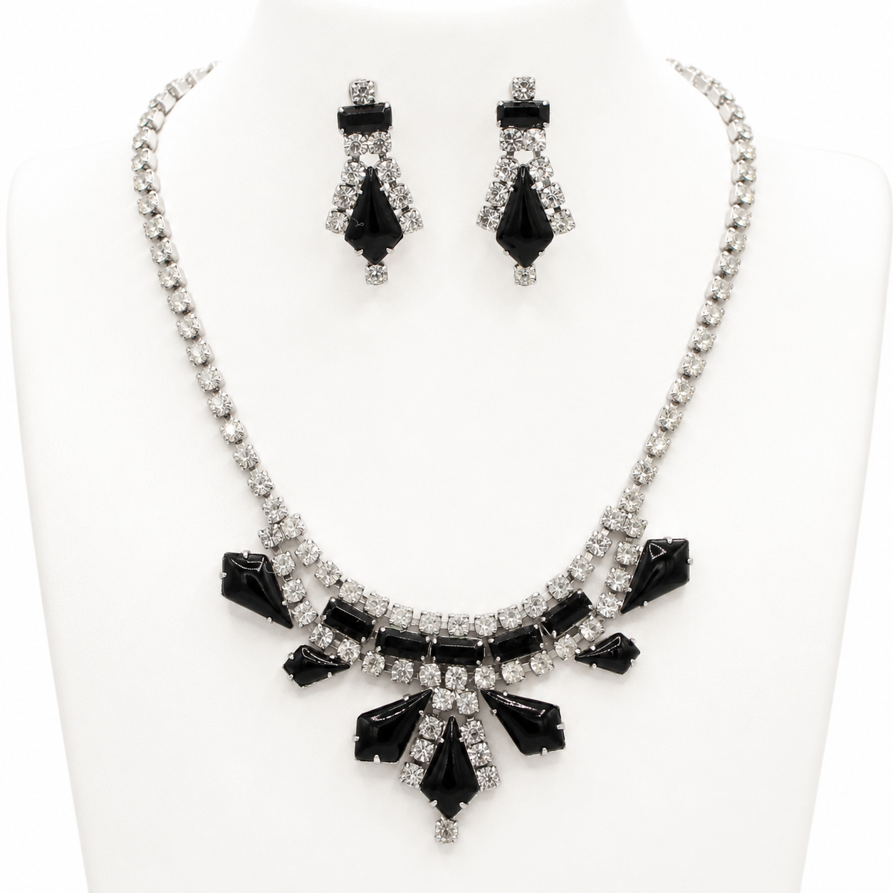 Vintage Juliana Black Kite Rhinestone Necklace Earrings Demi Parure IIJJ#1107