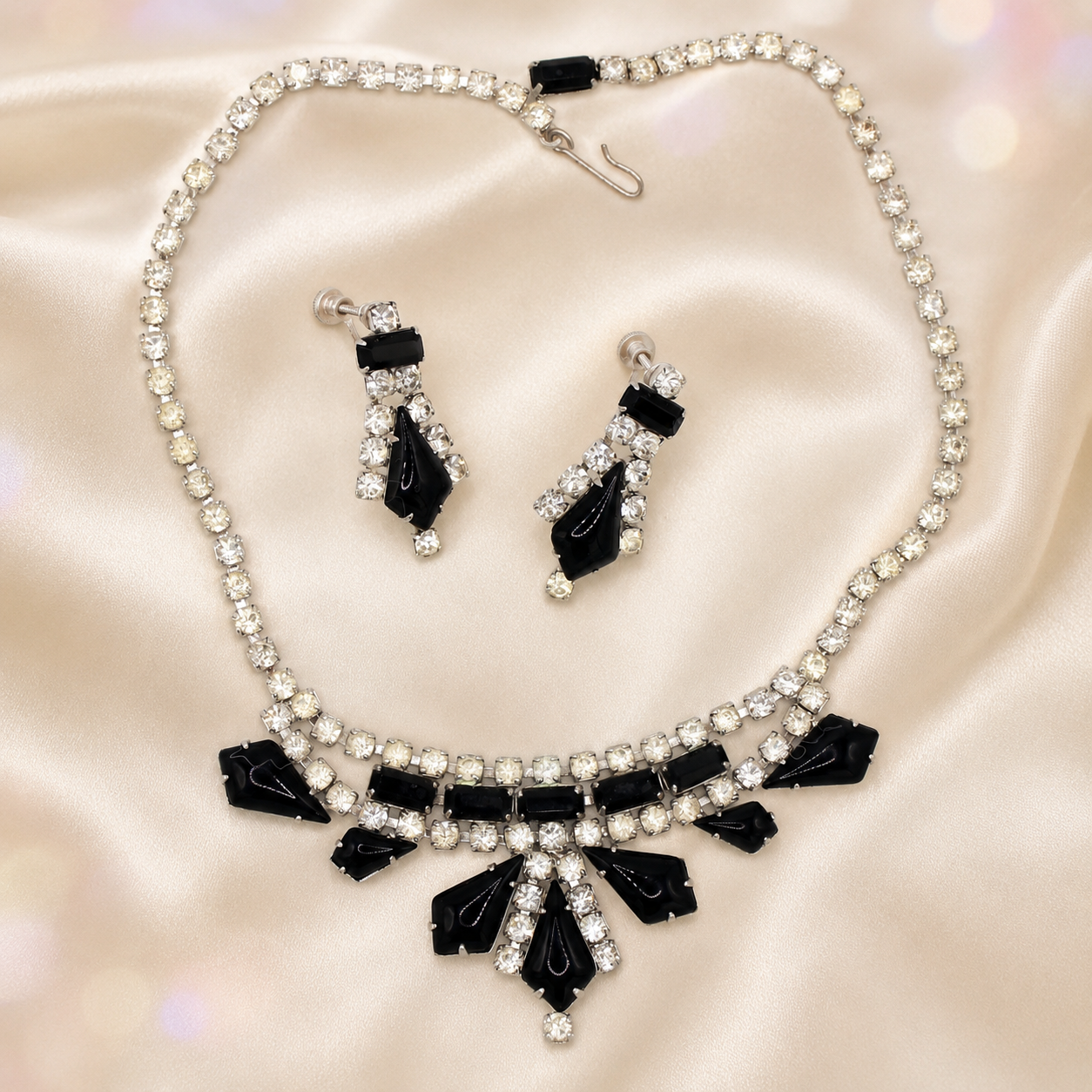 Vintage Juliana Black Kite Rhinestone Necklace Earrings Demi Parure IIJJ#1107