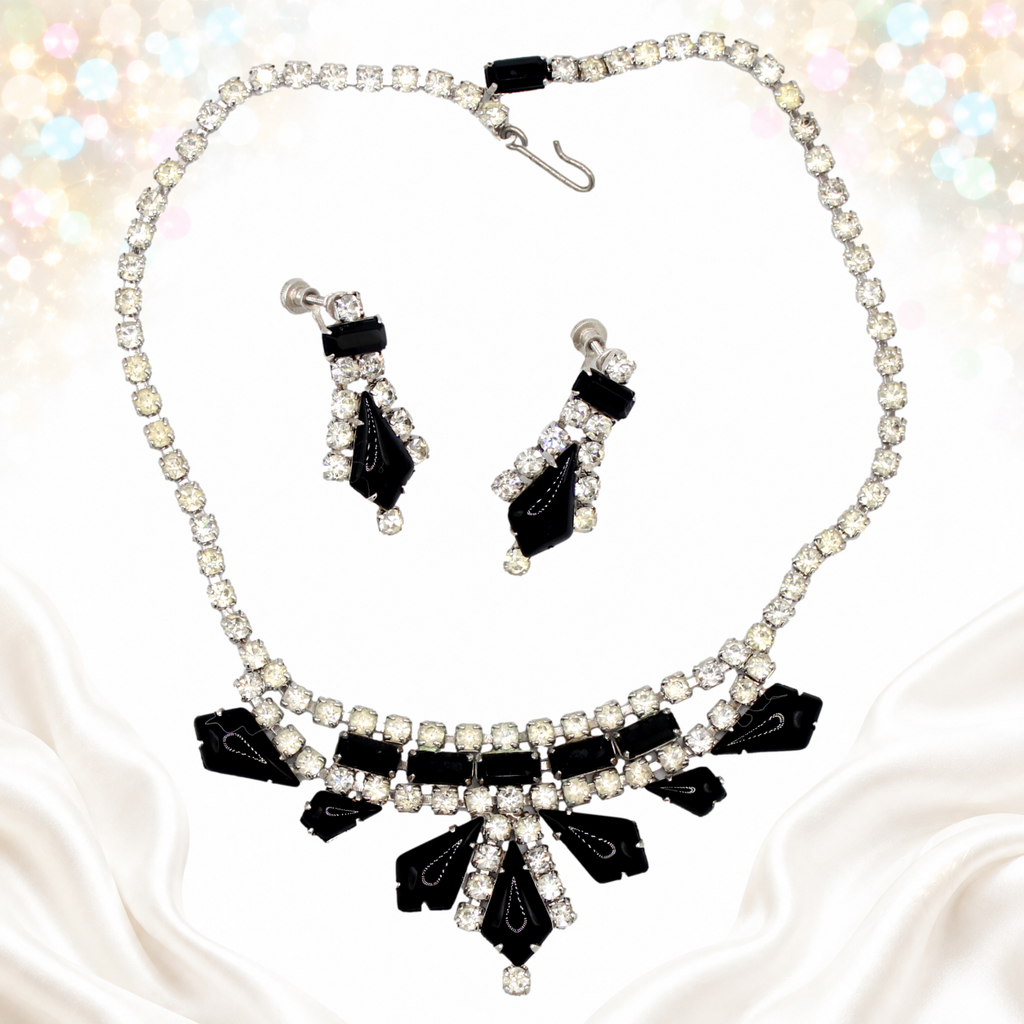 Vintage Juliana Black Kite Rhinestone Necklace Earrings Demi Parure IIJJ#1107