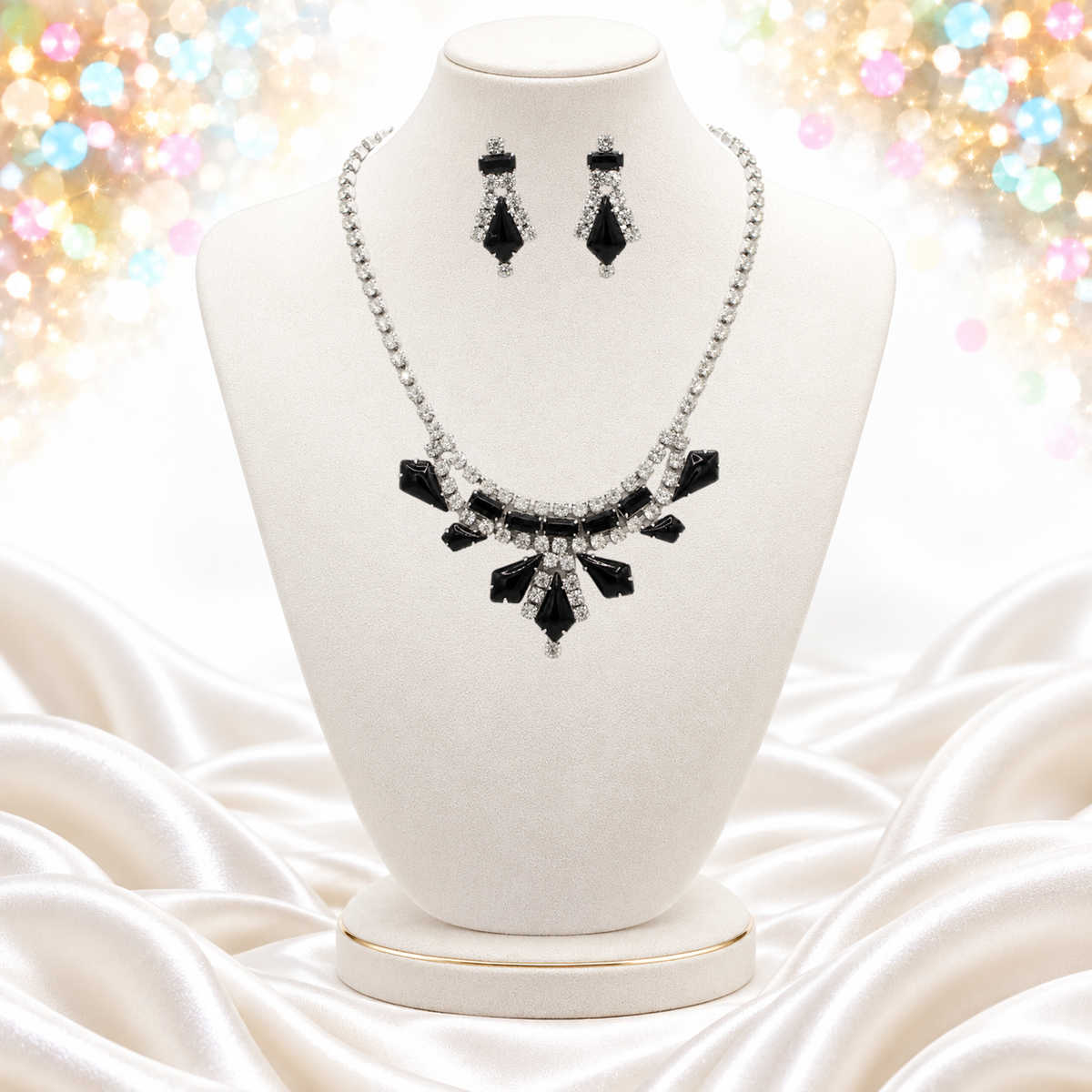 Vintage Juliana Black Kite Rhinestone Necklace Earrings Demi Parure IIJJ#1107