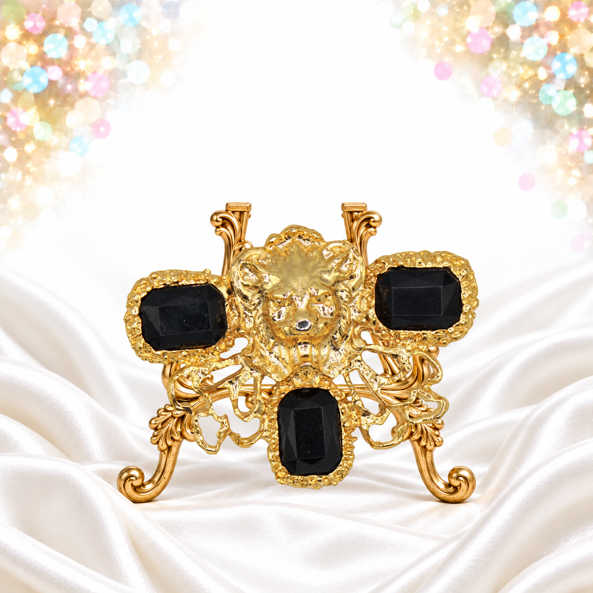 Vintage Juliana Black Rhinestone Figural Lion Brooch IIJJ#9714