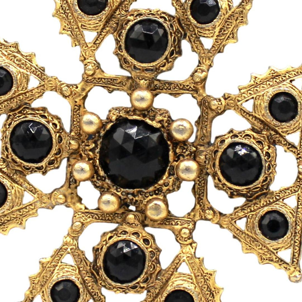 Vintage Juliana Etruscan Revival Maltese Cross Pendant Necklace Black Faceted Lucite Antiqued Gold Tone IIJJ#9214