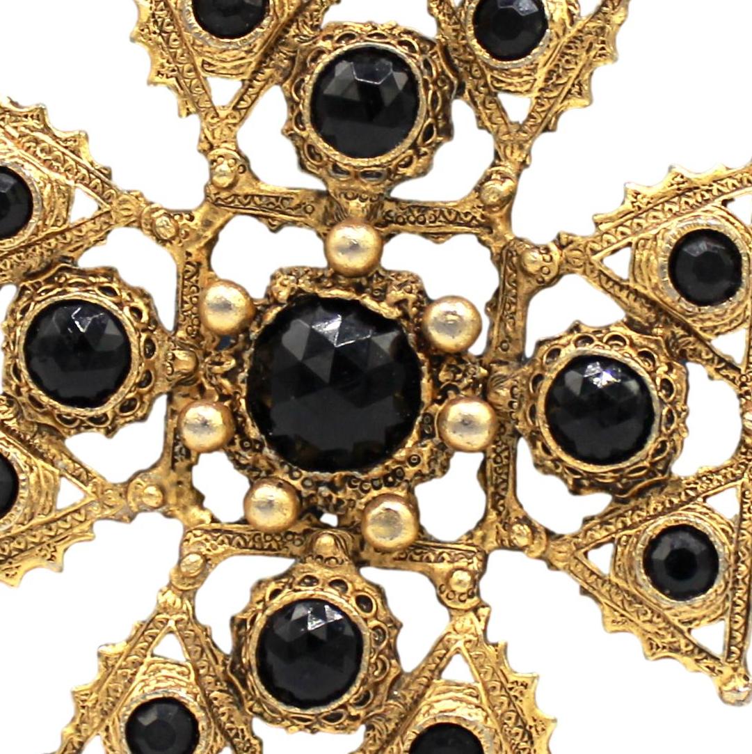 Vintage Juliana Etruscan Revival Maltese Cross Pendant Necklace Black Faceted Lucite Antiqued Gold Tone IIJJ#9214