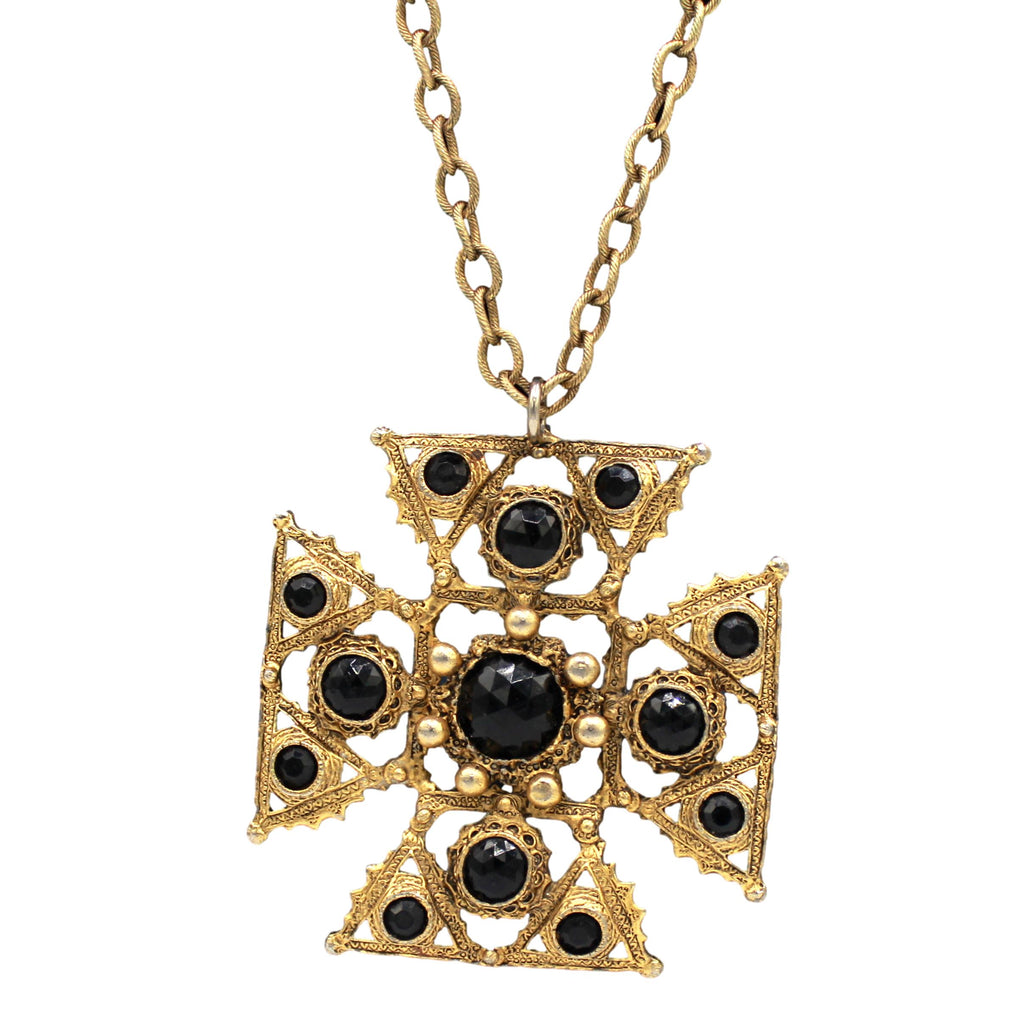 Vintage Juliana Etruscan Revival Maltese Cross Pendant Necklace Black Faceted Lucite Antiqued Gold Tone IIJJ#9214