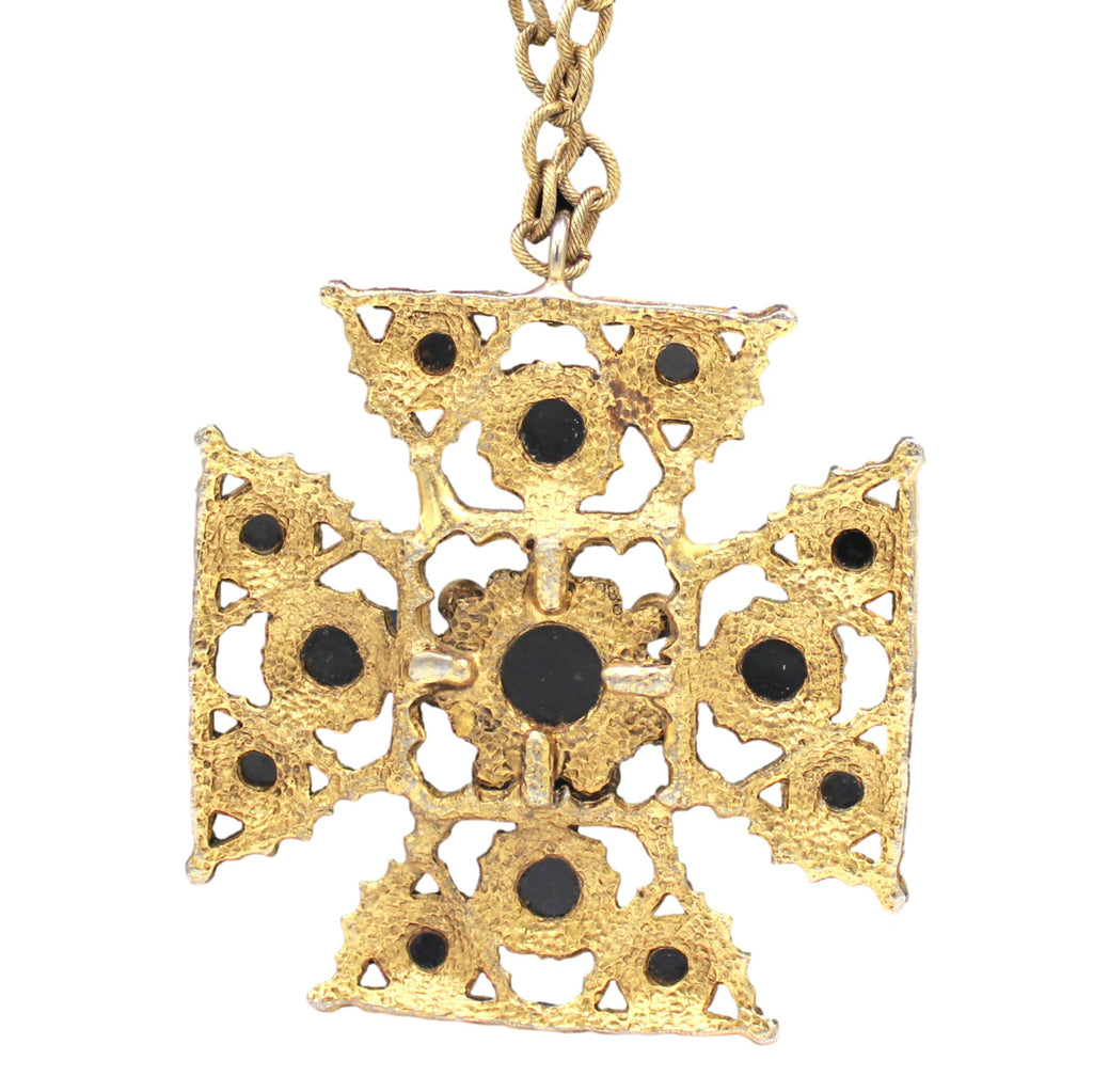 Vintage Juliana Etruscan Revival Maltese Cross Pendant Necklace Black Faceted Lucite Antiqued Gold Tone IIJJ#9214