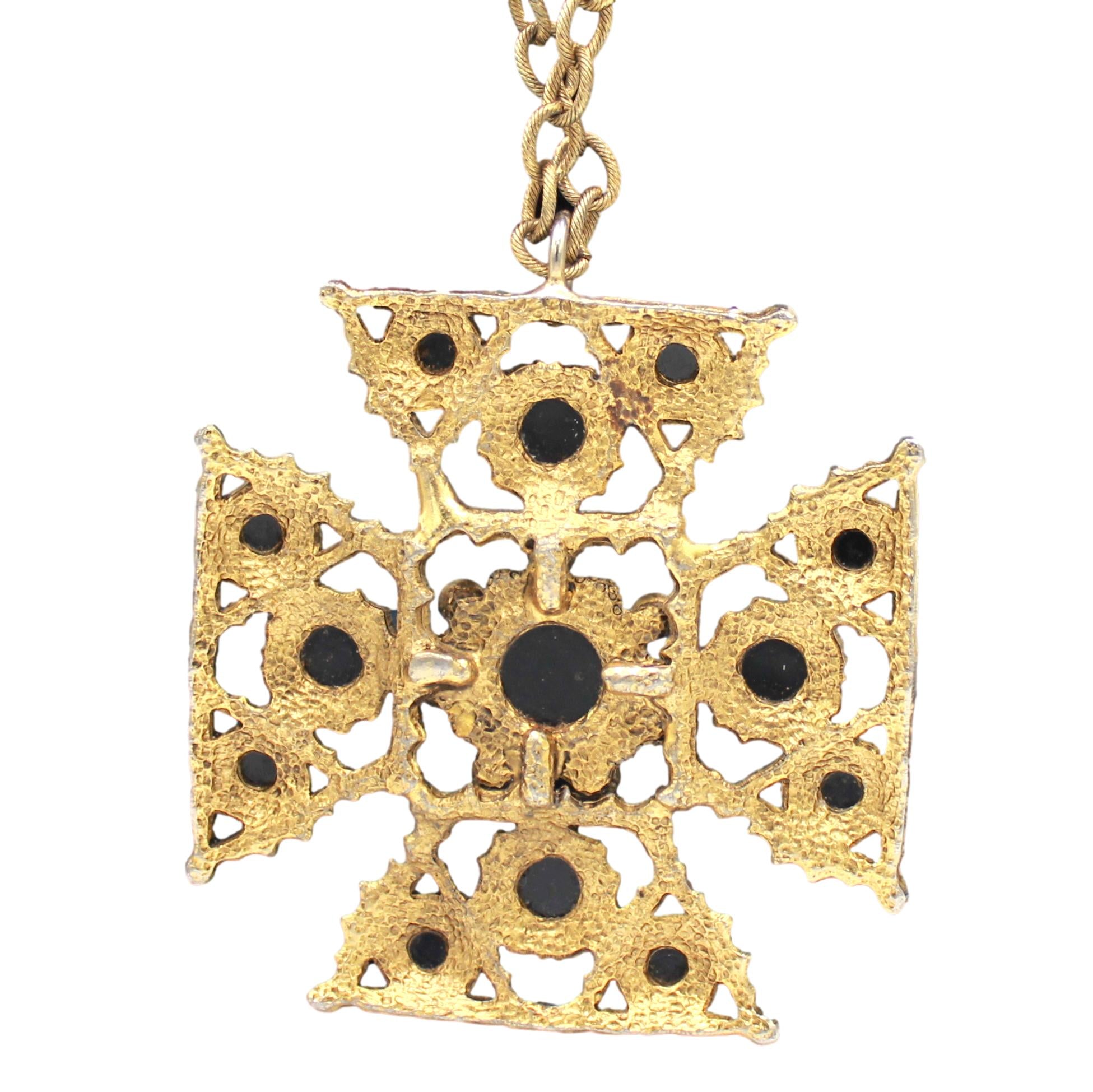 Vintage Juliana Etruscan Revival Maltese Cross Pendant Necklace Black Faceted Lucite Antiqued Gold Tone IIJJ#9214