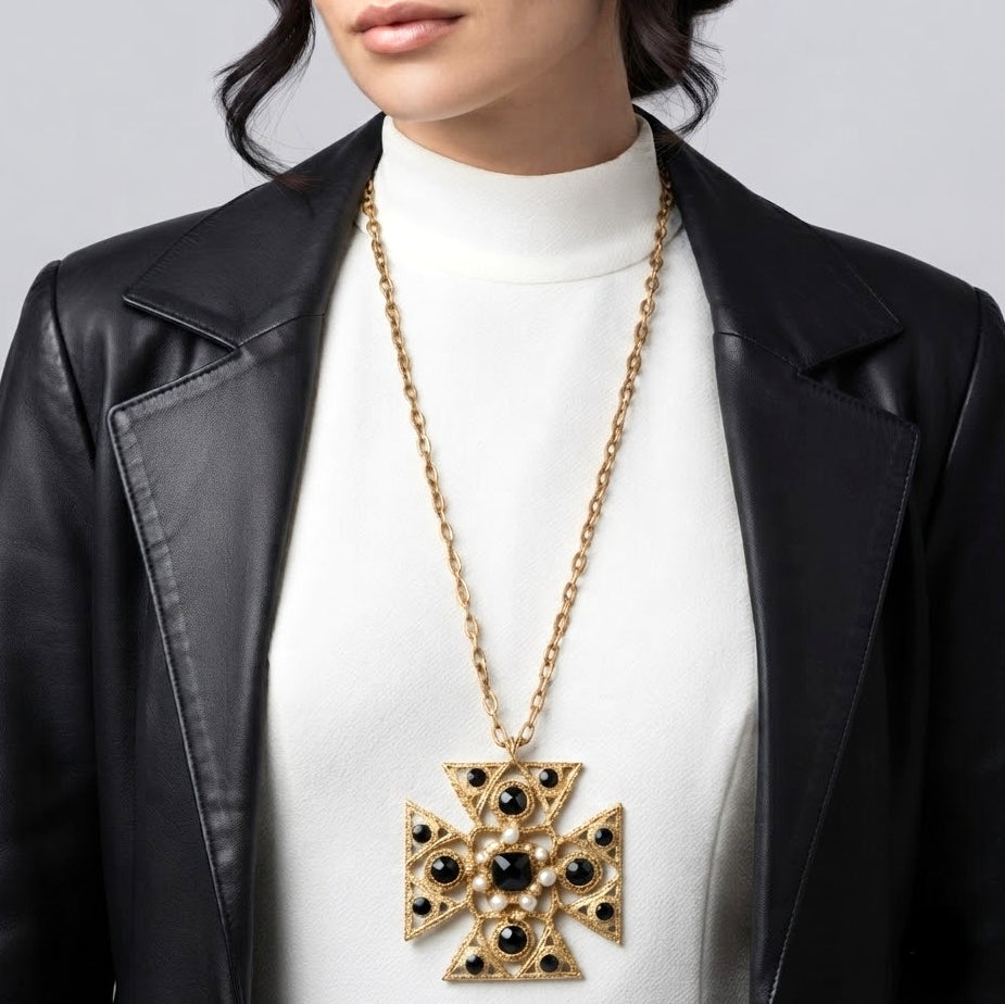 Vintage Juliana Etruscan Revival Maltese Cross Pendant Necklace Black Faceted Lucite Antiqued Gold Tone IIJJ#9214