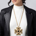 Vintage Juliana Etruscan Revival Maltese Cross Pendant Necklace Black Faceted Lucite Antiqued Gold Tone IIJJ#9214