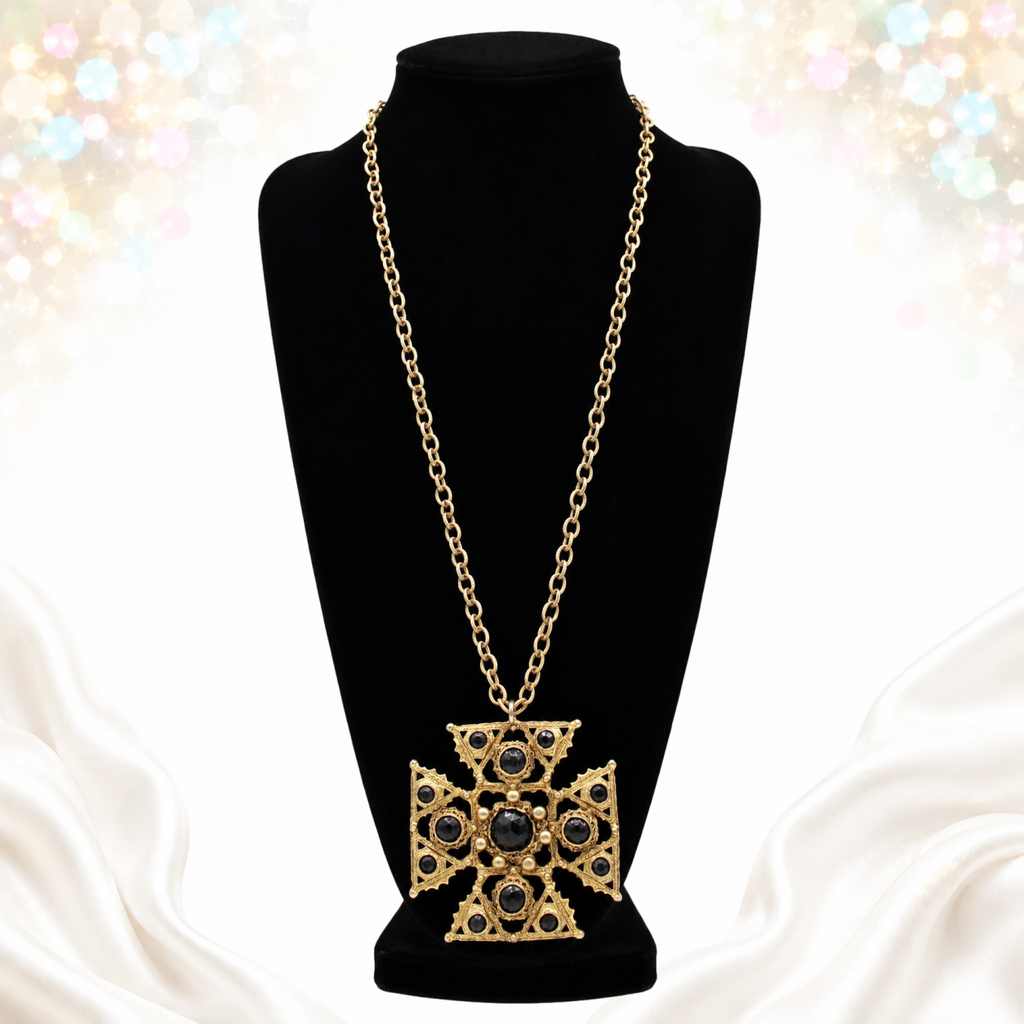 Vintage Juliana Etruscan Revival Maltese Cross Pendant Necklace Black Faceted Lucite Antiqued Gold Tone IIJJ#9214