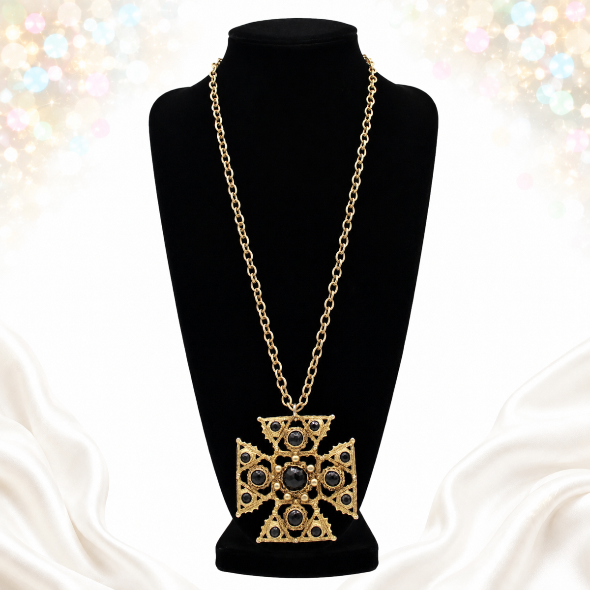 Vintage Juliana Etruscan Revival Maltese Cross Pendant Necklace Black Faceted Lucite Antiqued Gold Tone IIJJ#9214