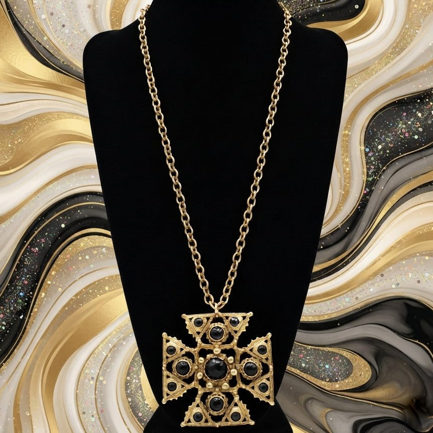 Vintage Juliana Etruscan Revival Maltese Cross Pendant Necklace Black Faceted Lucite Antiqued Gold Tone IIJJ#9214