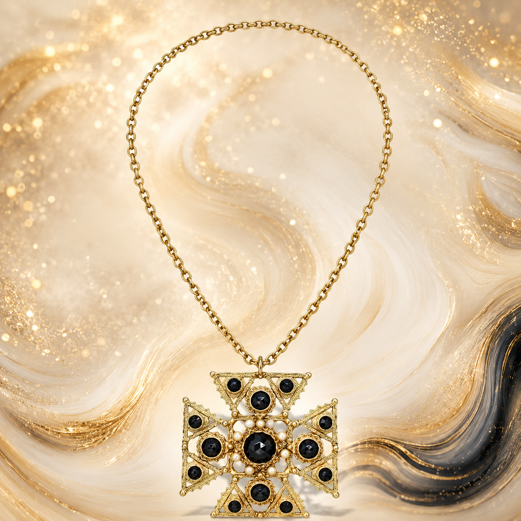 Vintage Juliana Etruscan Revival Maltese Cross Pendant Necklace Black Faceted Lucite Antiqued Gold Tone IIJJ#9214