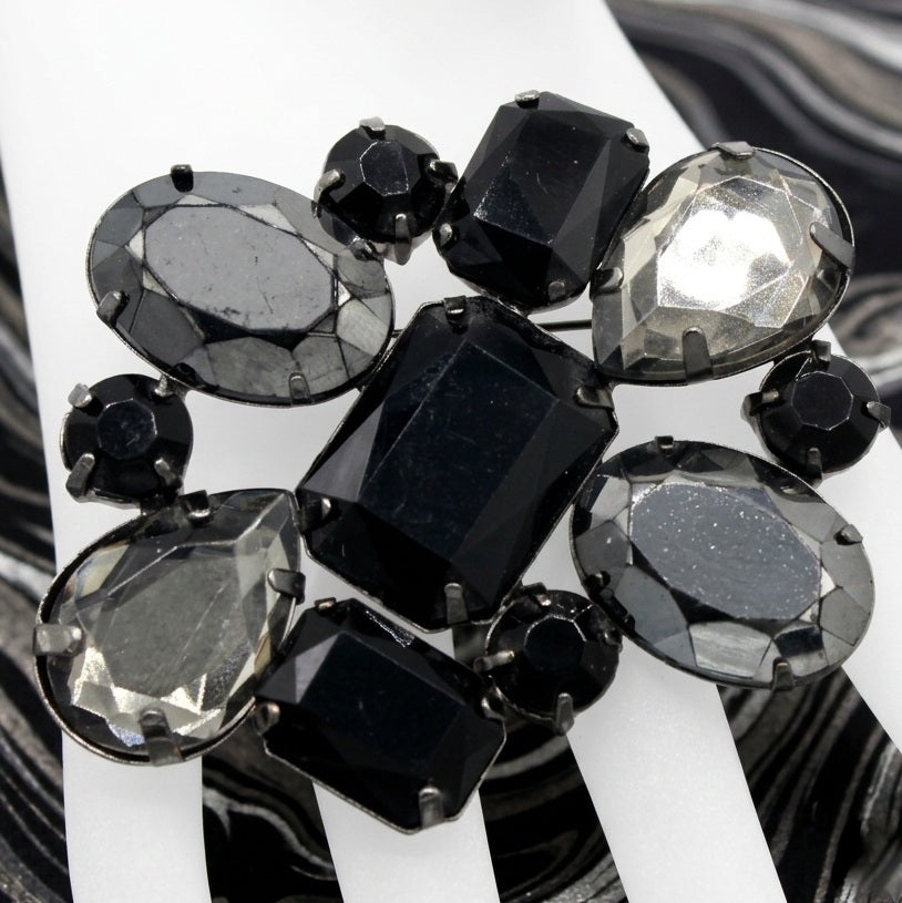 Vintage JULIANA Black Gray Mirror Rhinestone Large Brooch IIJJ#9039