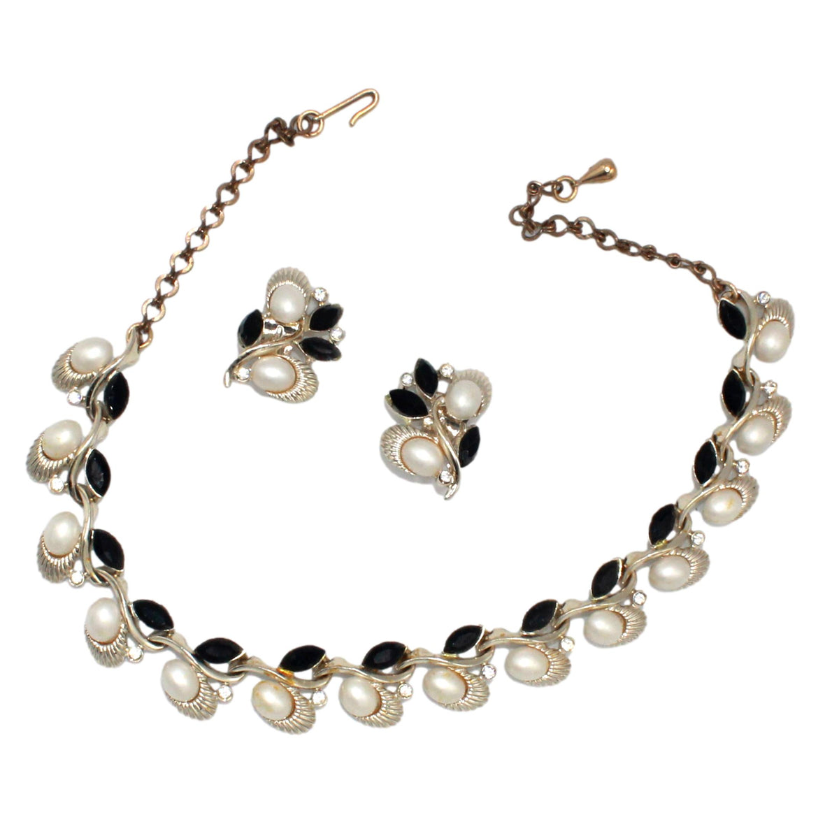 Vintage Claudette Black Rhinestone Faux Pearl Necklace Earrings Set