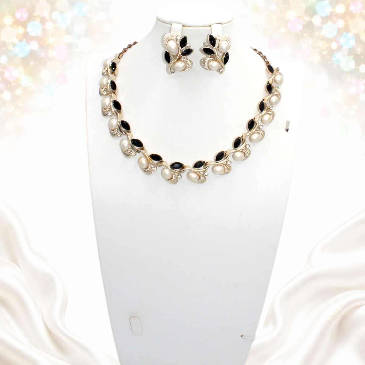 Vintage Claudette Black Rhinestone Faux Pearl Necklace Earrings Set