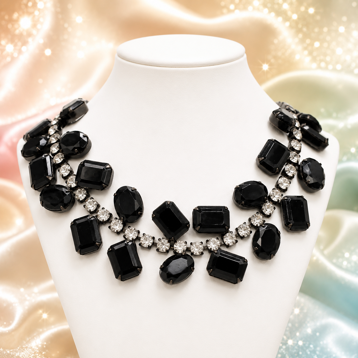 Vintage JULIANA Black Clear Rhinestone Collar Necklace Book Ref IIJJ#8964