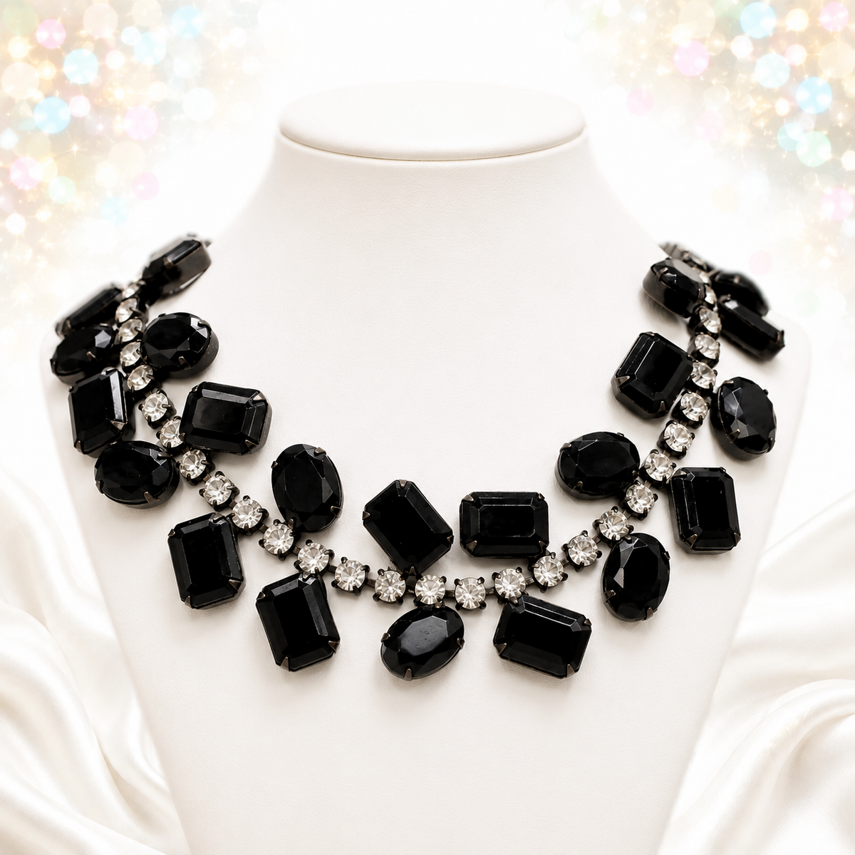 Vintage JULIANA Black Clear Rhinestone Collar Necklace Book Ref IIJJ#8964