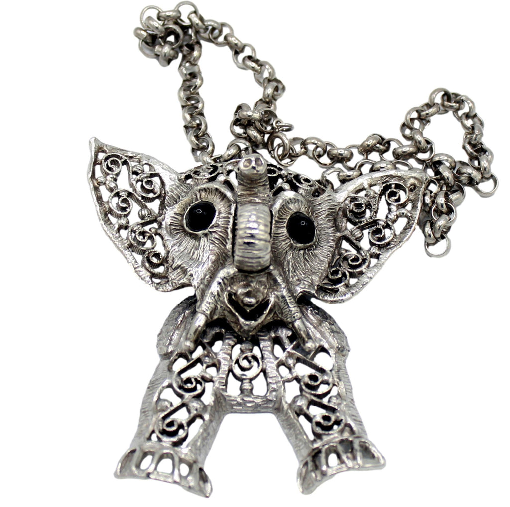 Vintage Juliana Black Silver Figural Elephant Pendant Necklace IIJJ#140