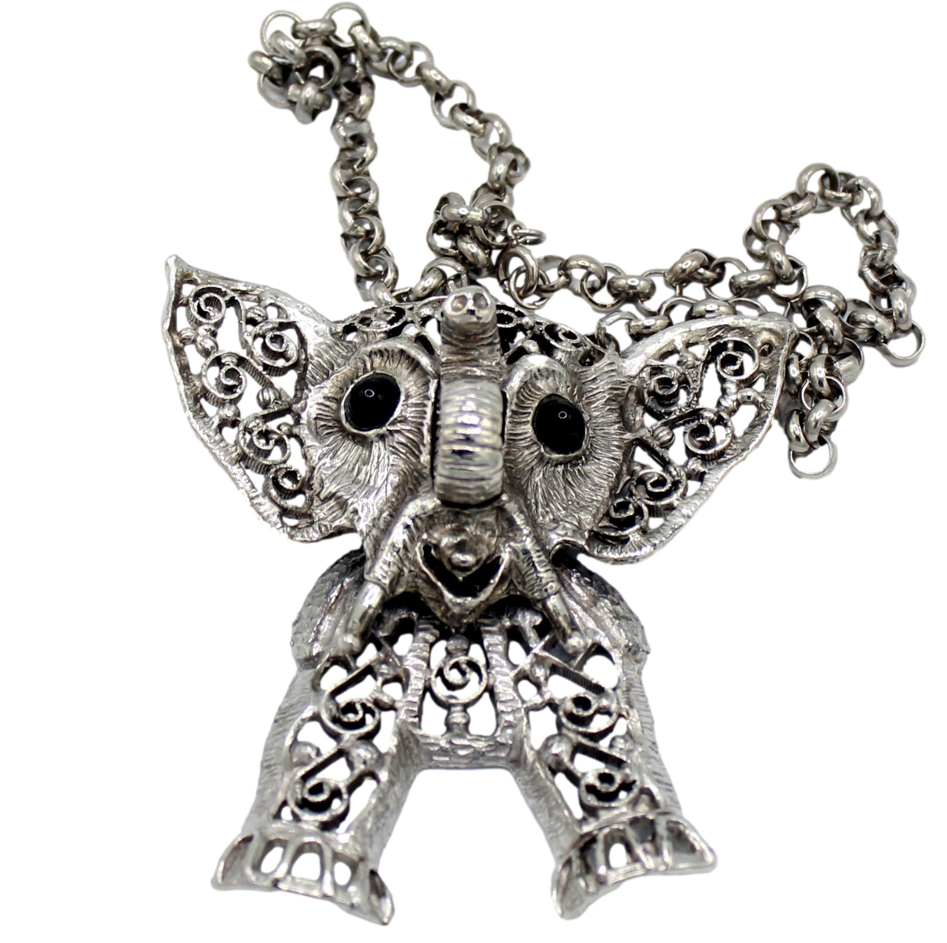 Vintage Juliana Black Silver Figural Elephant Pendant Necklace IIJJ#140