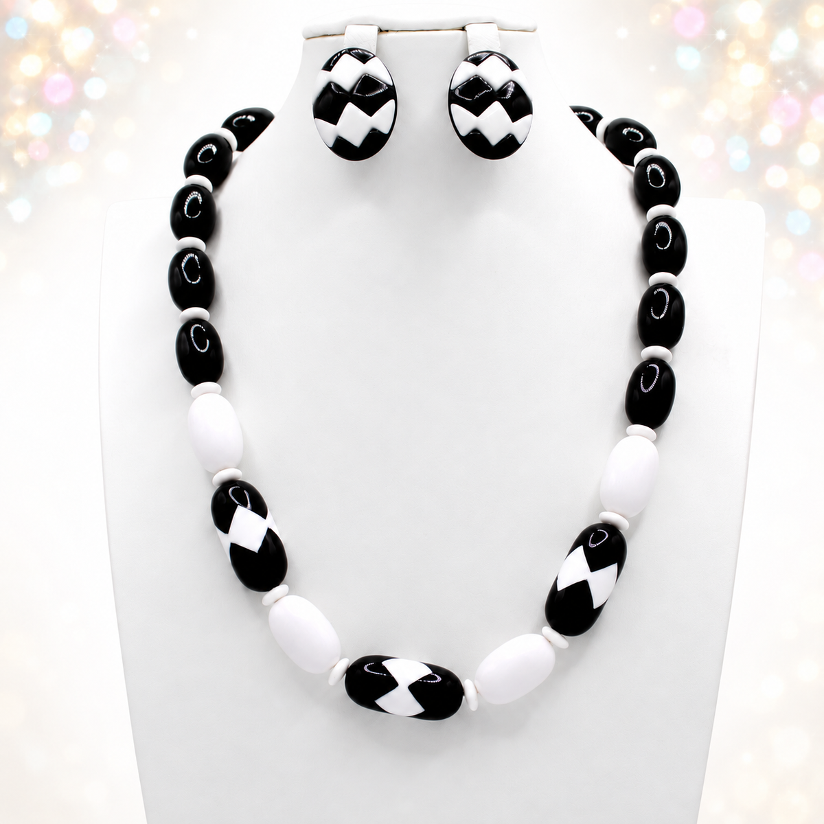 Vintage Mod Black White Plastic Bead Necklace Clip Earrings Set