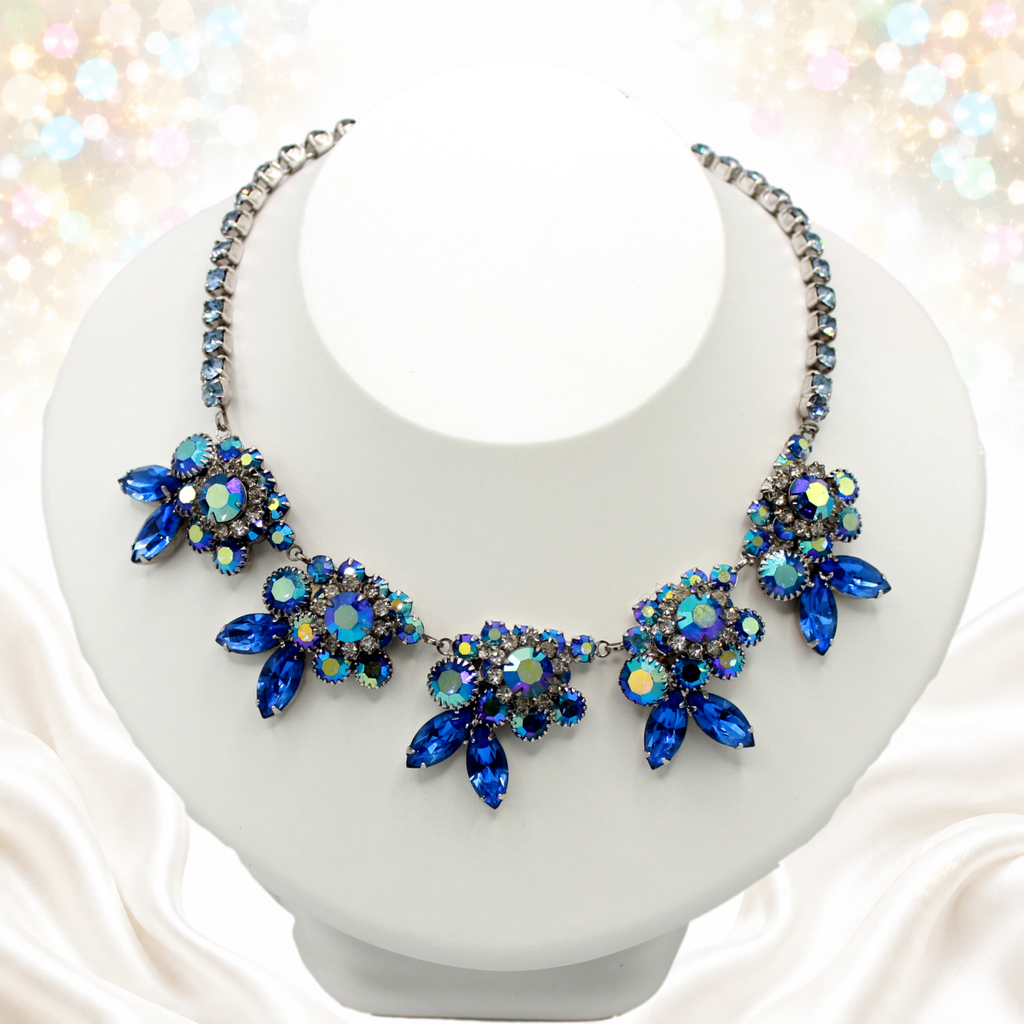 Vintage Juliana Blue AB Rhinestone Floral Necklace IIJJ#9570