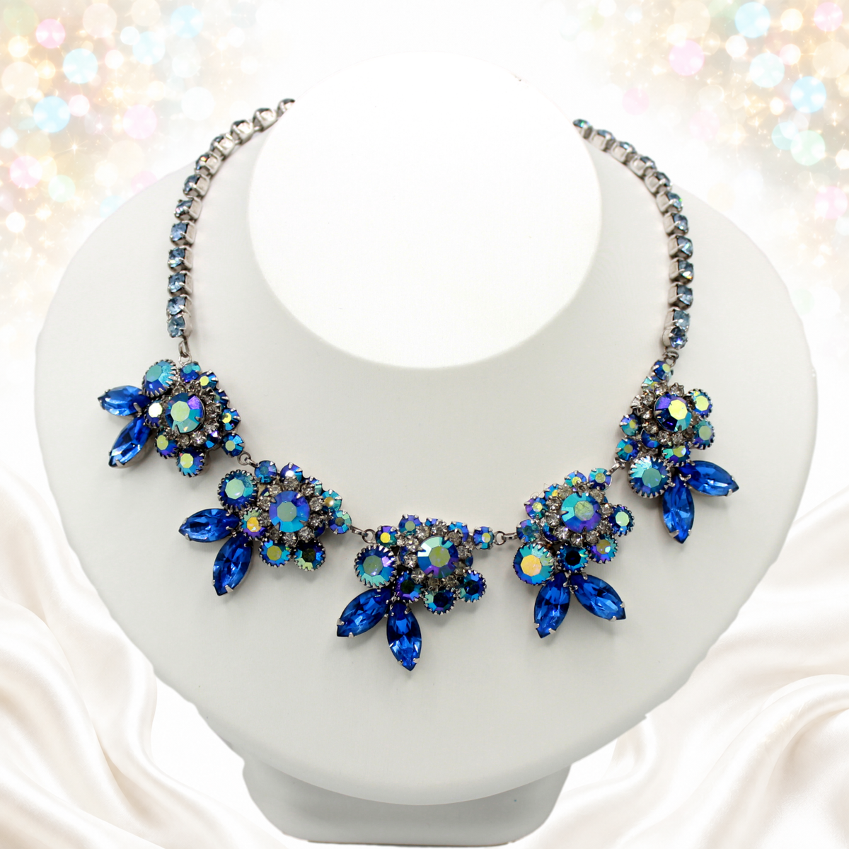 Vintage Juliana Blue AB Rhinestone Floral Necklace IIJJ#9570
