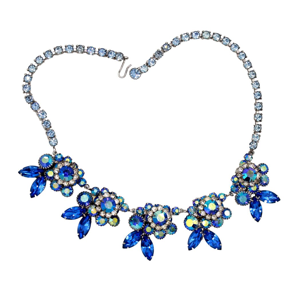 Vintage Juliana Blue AB Rhinestone Floral Necklace IIJJ#9570