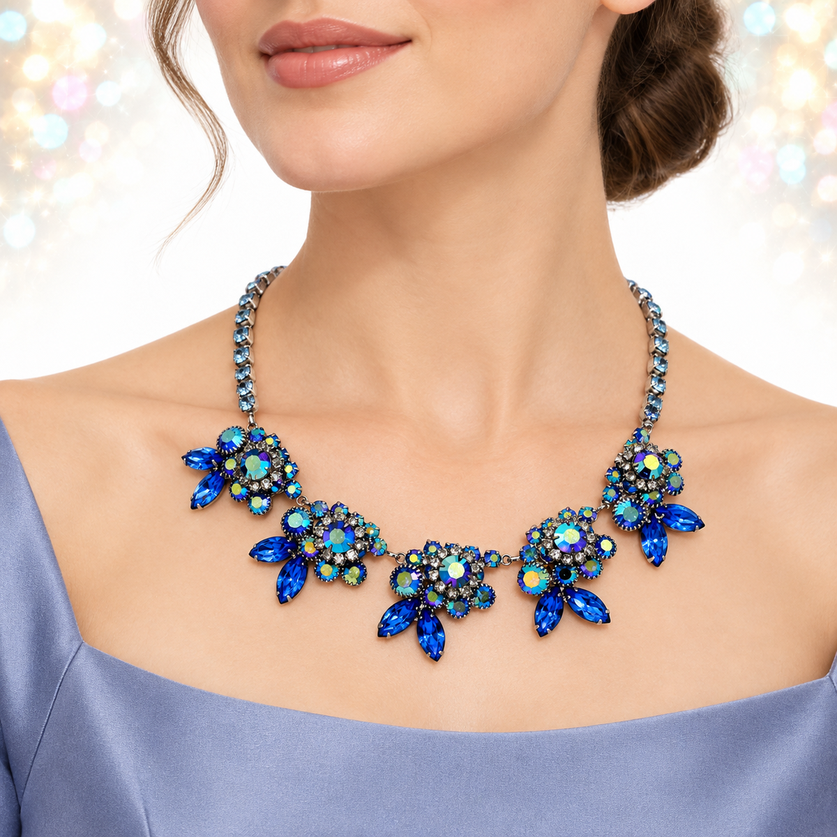 Vintage Juliana Blue AB Rhinestone Floral Necklace IIJJ#9570
